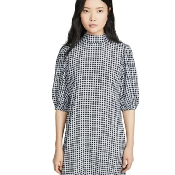 NWT GANNI | Gingham Puff Sleeve Shift Minidress In Brunnera Blue | Size 38 (US6) - Picture 5 of 14